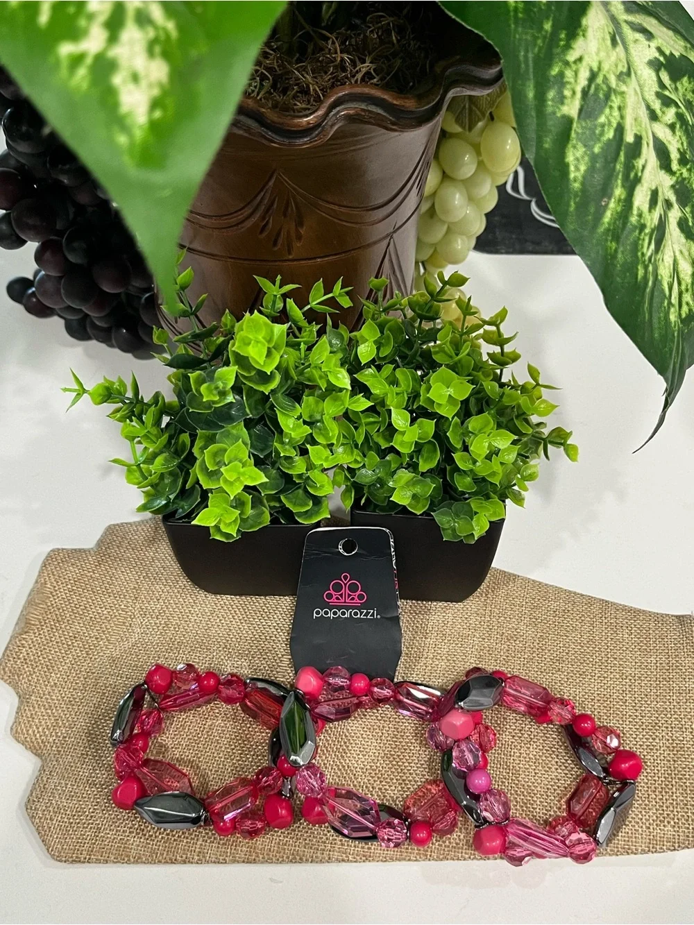 Bundle of 3-paparazzi Pink & Black Mixed Bead Stretch Bracelet Set